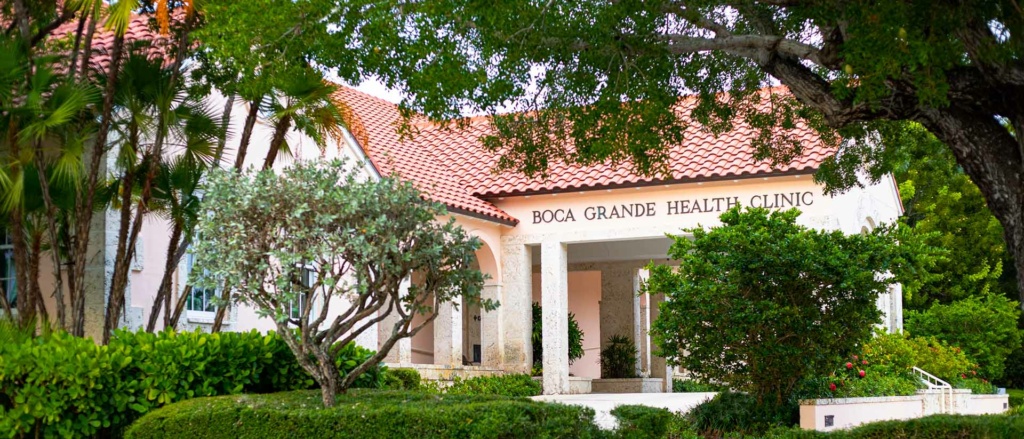 Boca Grande Health Clinic building visible through trees