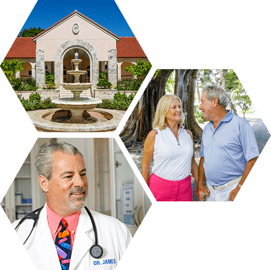 Collage showing Health Clinic building, doctor and happy couple