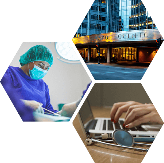 collage of three photos showing the Mayo Clinic, a female surgeon and a doctor with a laptop and a stethoscope